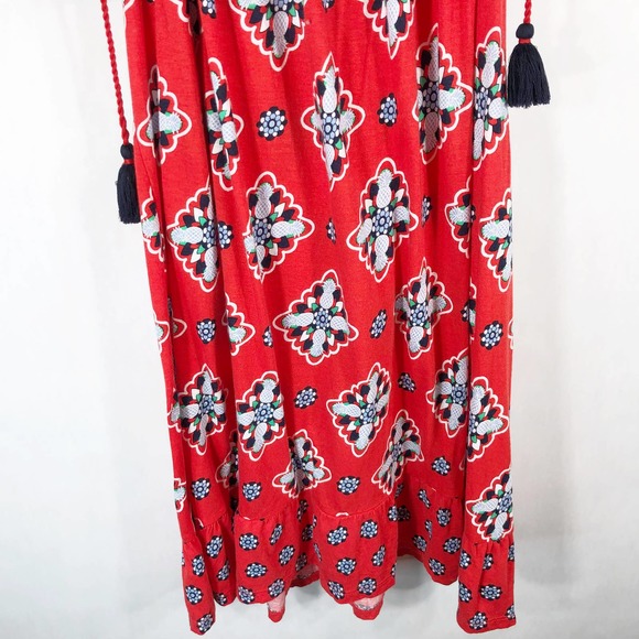 Crown Ivy XL Petite Dress Red Blue Tassels Shift Knee Off Shoulder Pineapple 574 - Picture 4 of 9